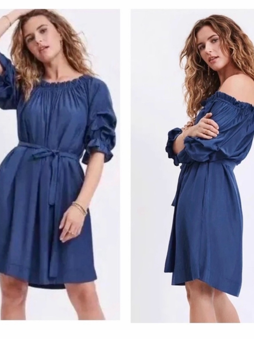 Mersea Tulum Ruffle Blue Off-Shoulder Belted Women's Dress